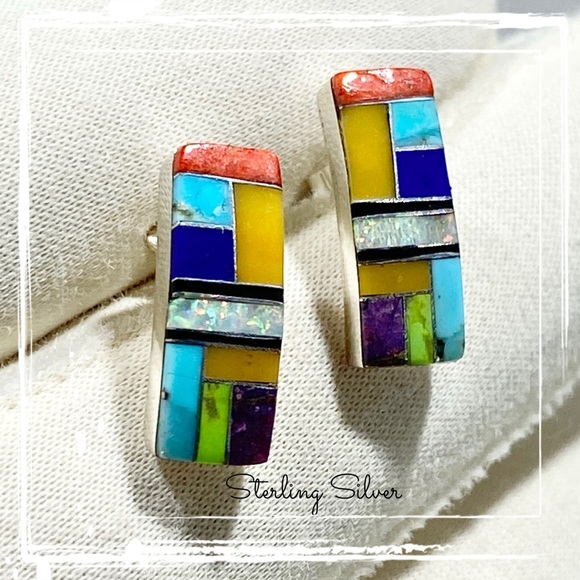 Native Jewelry - Signed-SM Multi Stone Inlaid Curve Sterling Silver Post Back Native Earrings